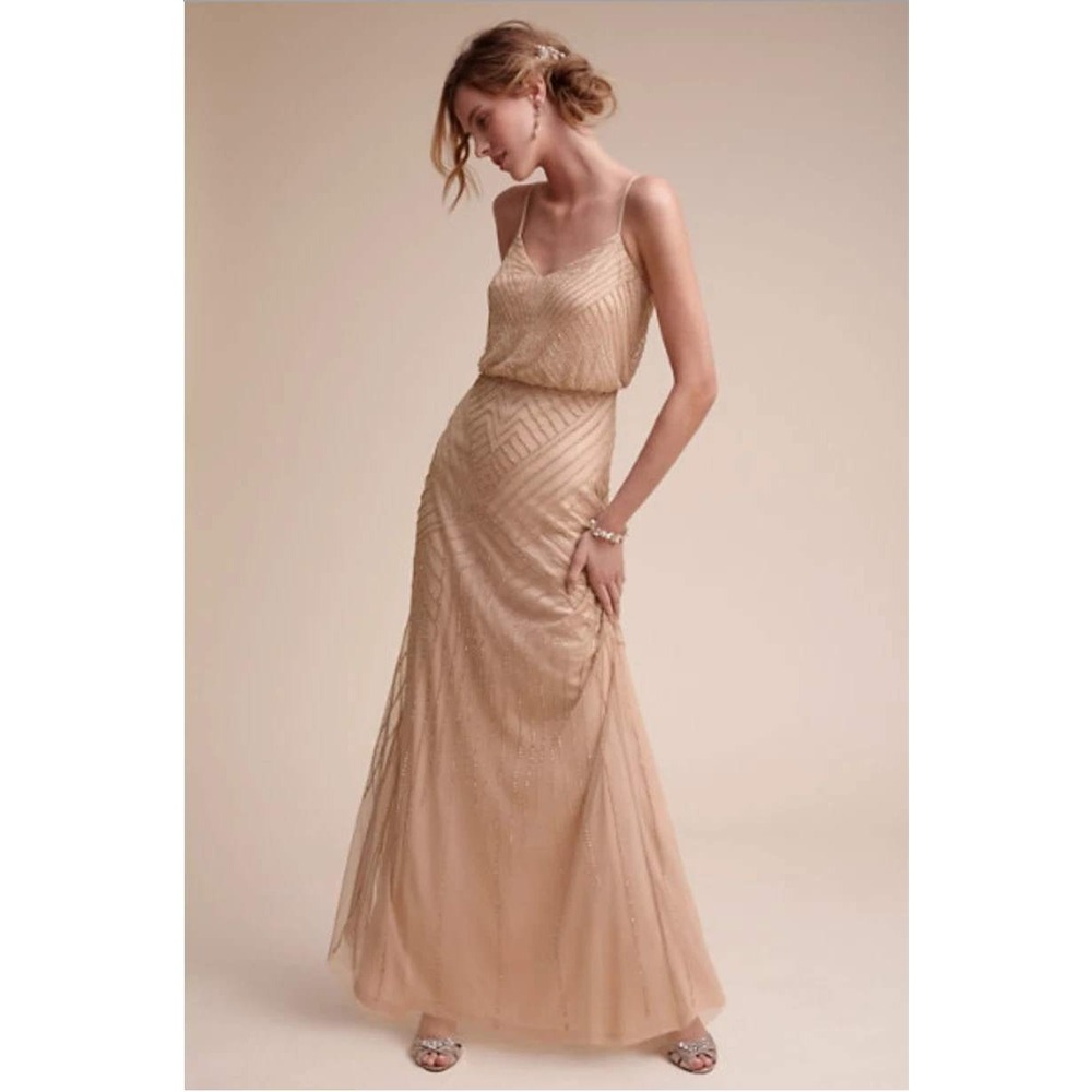 Adrianna Papell Sophia Dress 6 Champagne Sequin Beaded Art Deco Gown Gatsby Glam